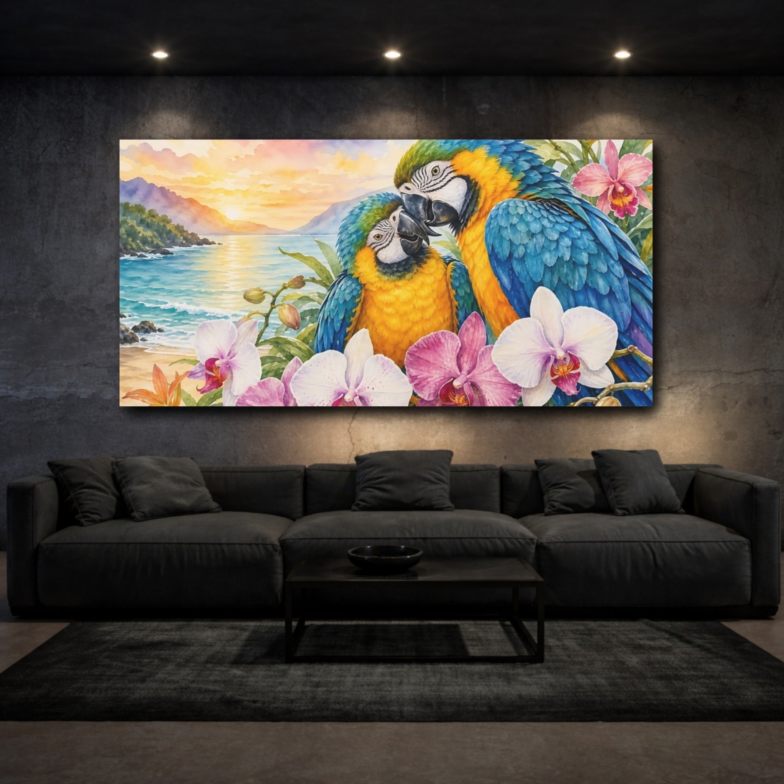Mockup 3. Animals Parrots Colorful Parrots shown as stretched canvas wall art