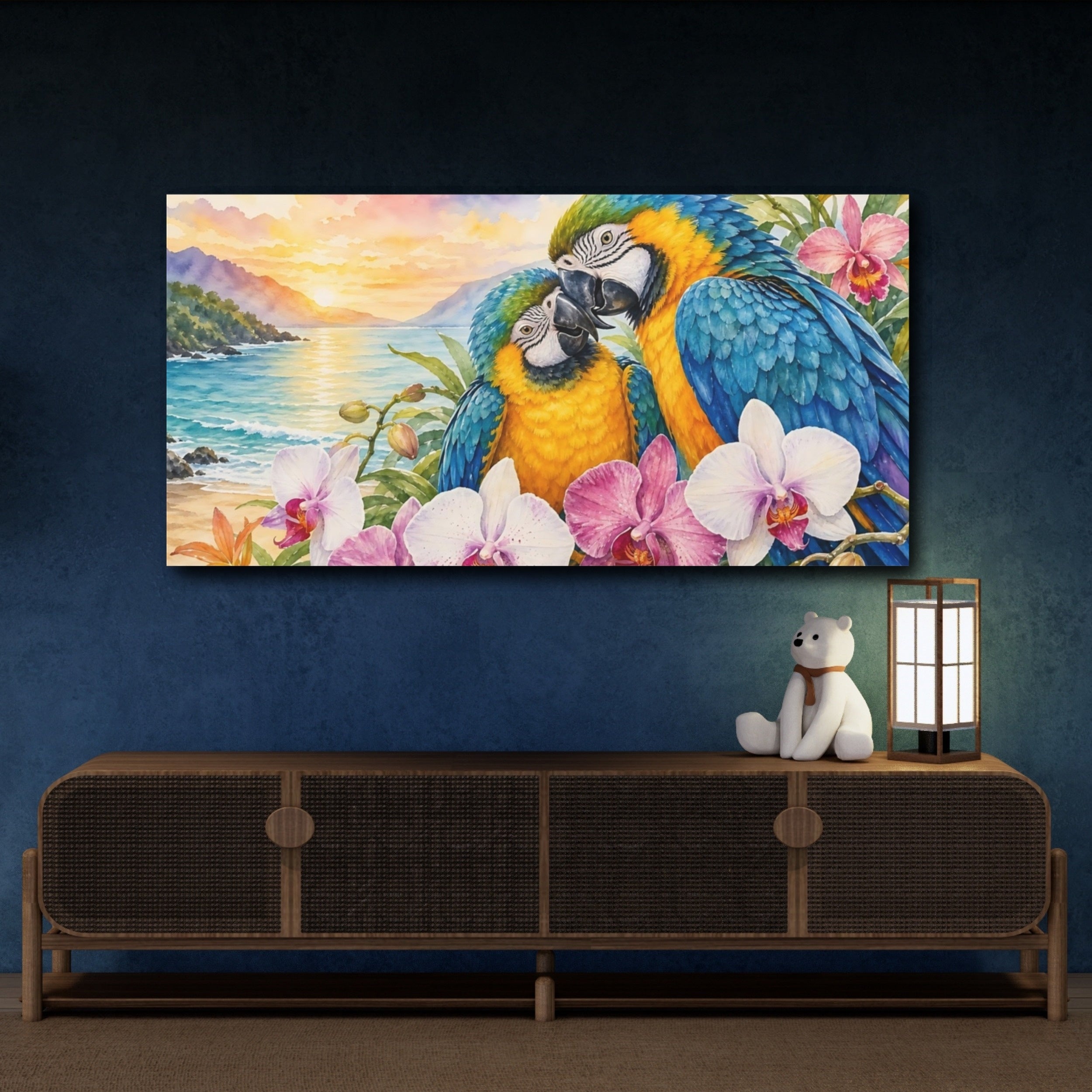 Mockup 4. Animals Parrots Colorful Parrots shown as stretched canvas wall art