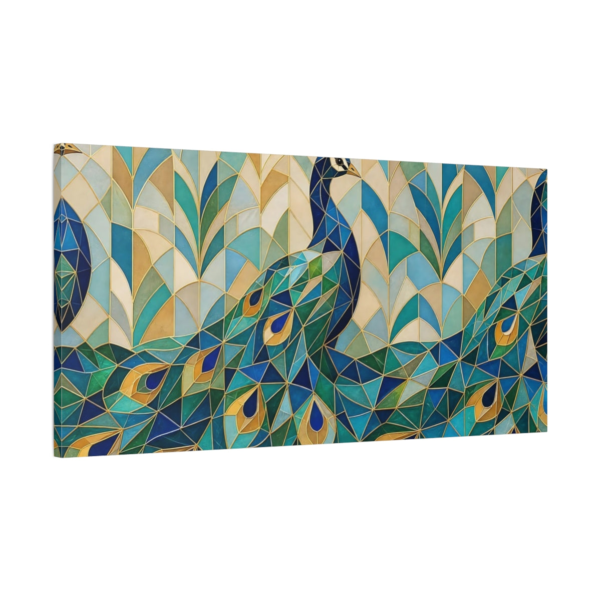 Main Mockup. Animals Peacock Blue Green Gold shown as stretched canvas wall art