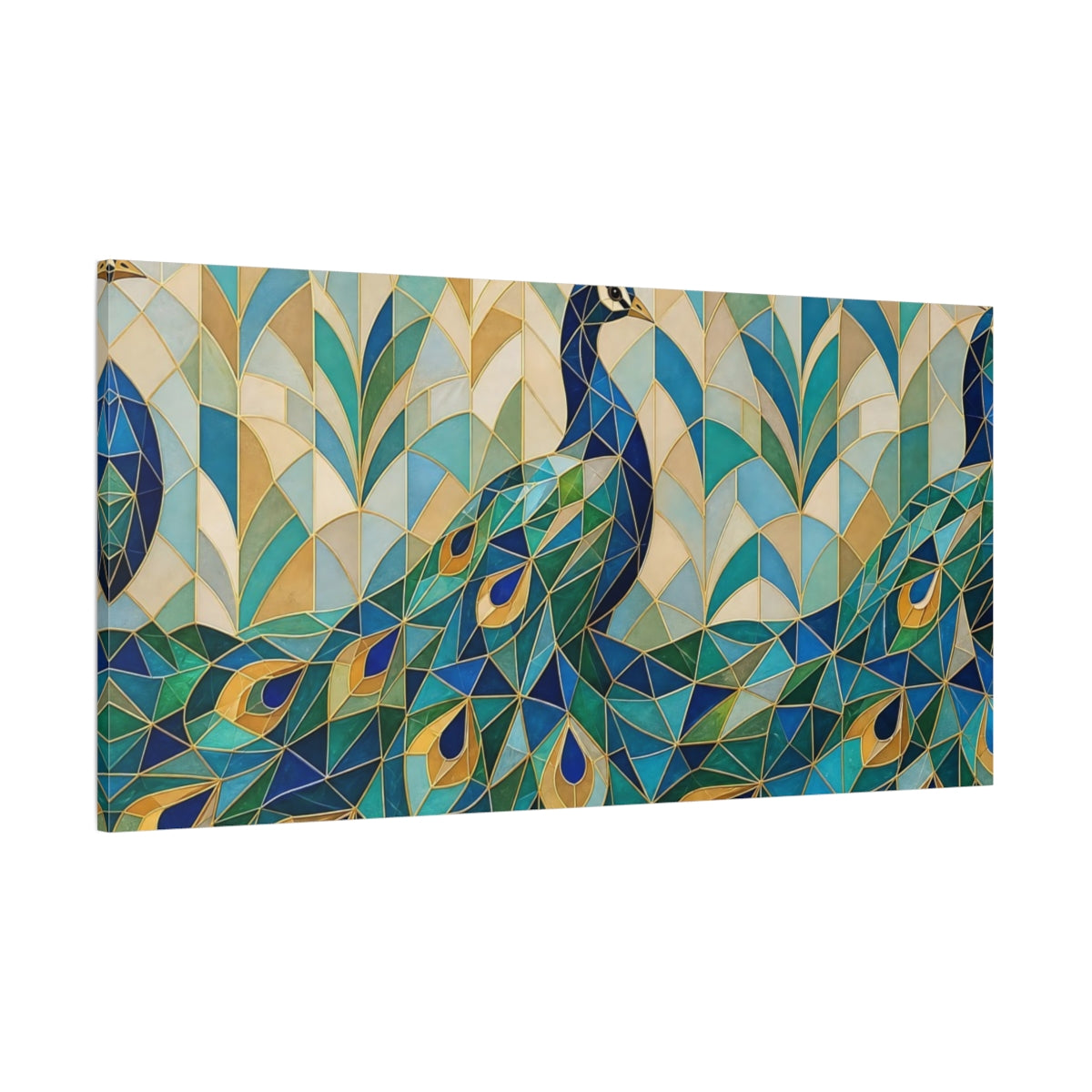 Side Mockup 2. Animals Peacock Blue Green Gold shown as stretched canvas wall art