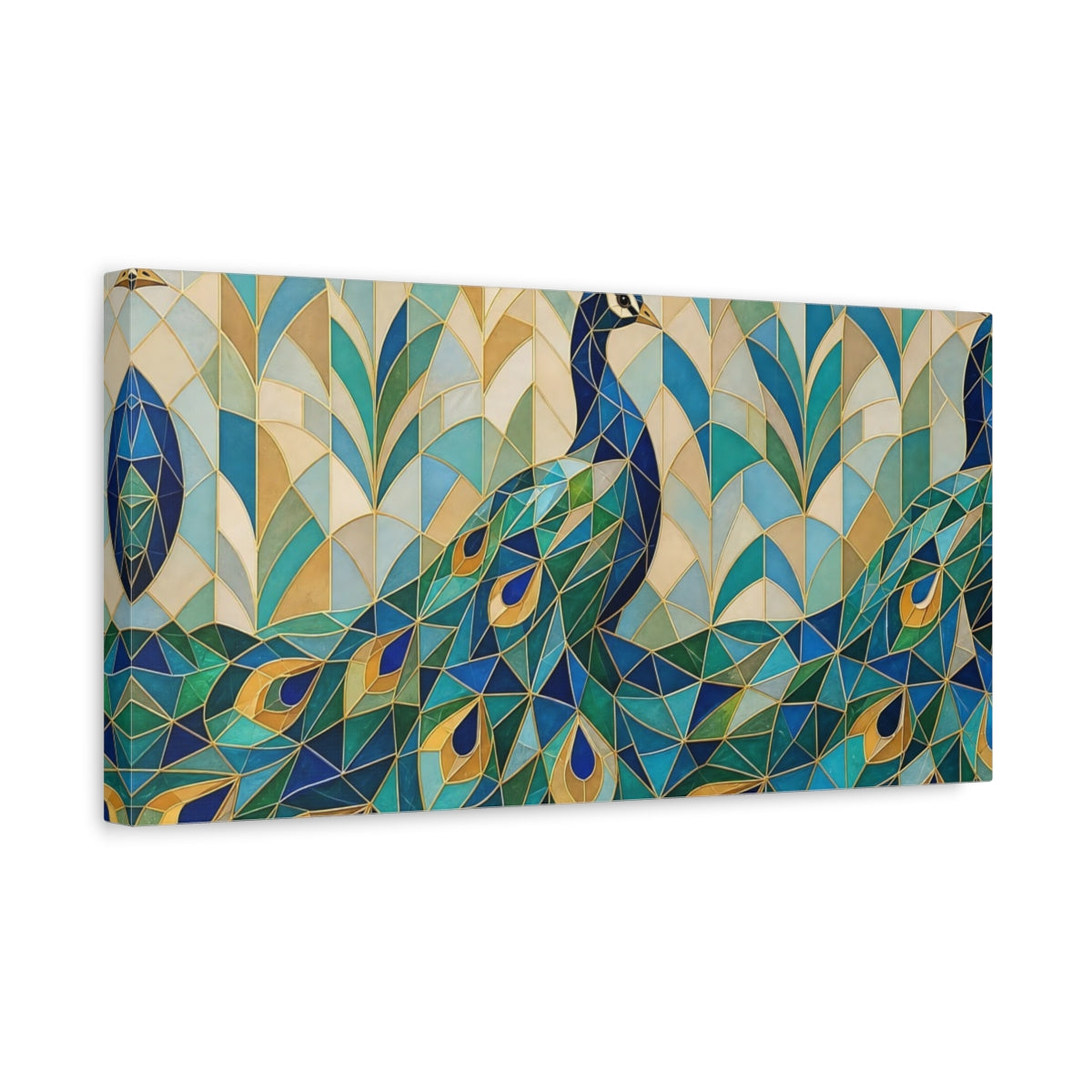 Side Mockup 3. Animals Peacock Blue Green Gold shown as stretched canvas wall art