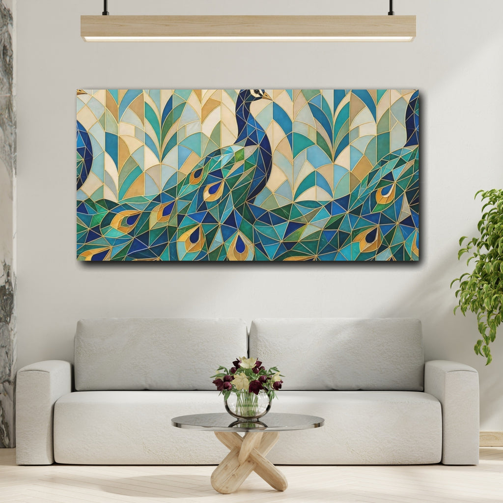 Mockup 2. Animals Peacock Blue Green Gold shown as stretched canvas wall art