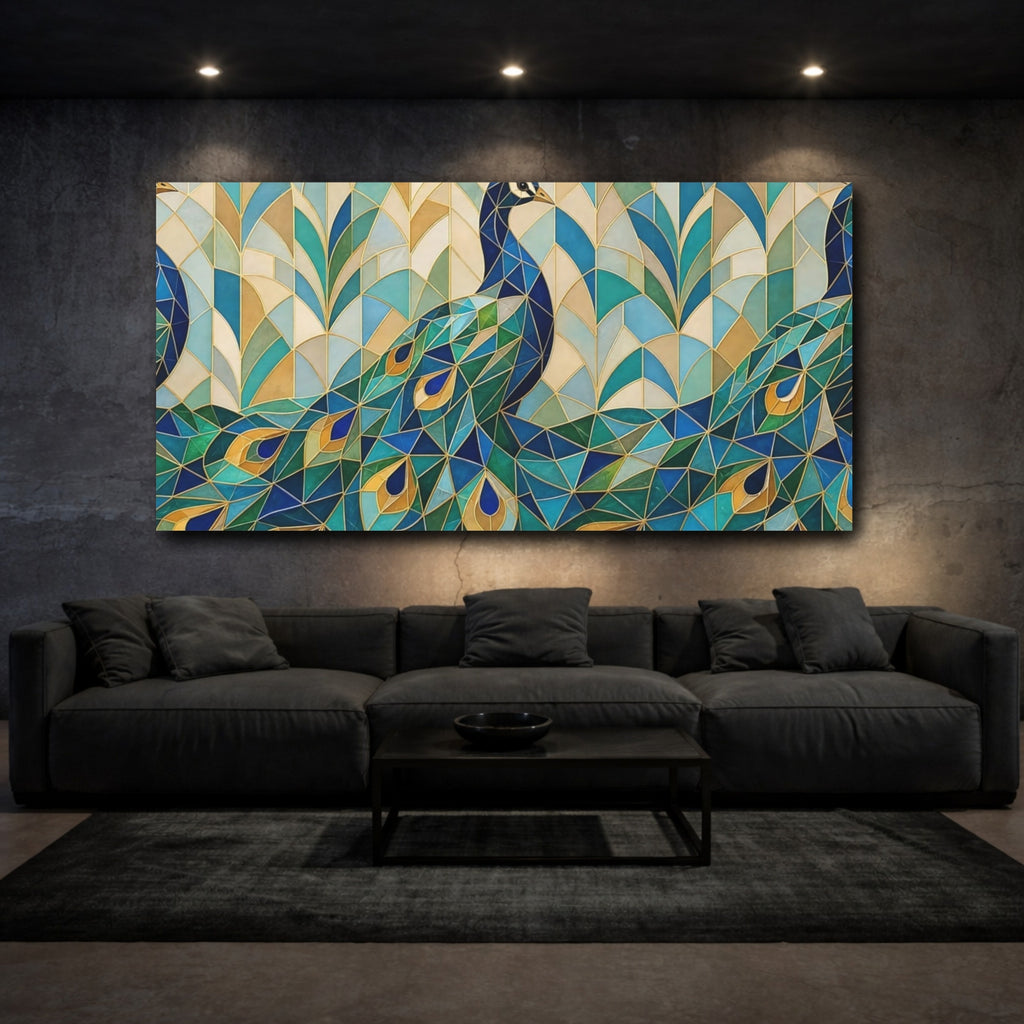 Mockup 3. Animals Peacock Blue Green Gold shown as stretched canvas wall art