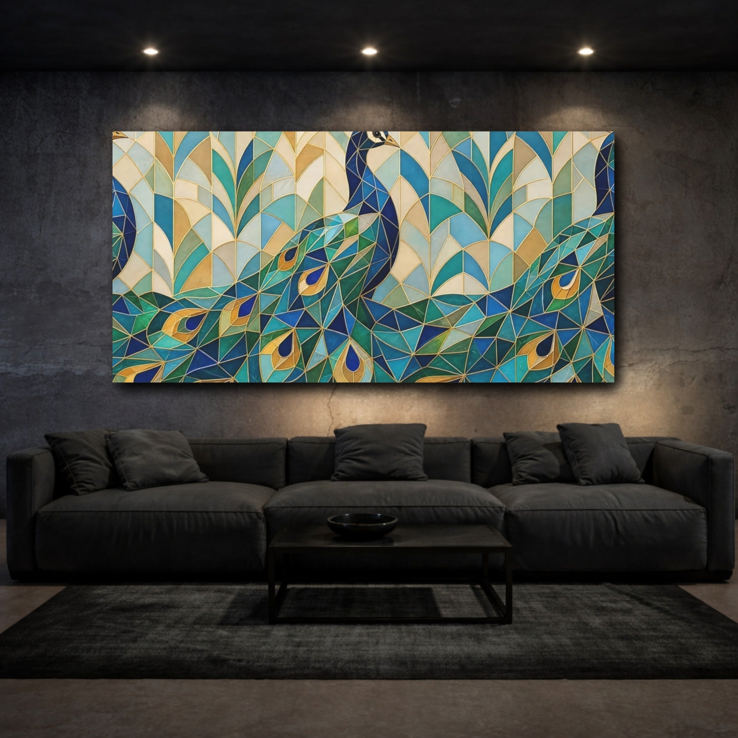Mockup 3. Animals Peacock Blue Green Gold shown as stretched canvas wall art