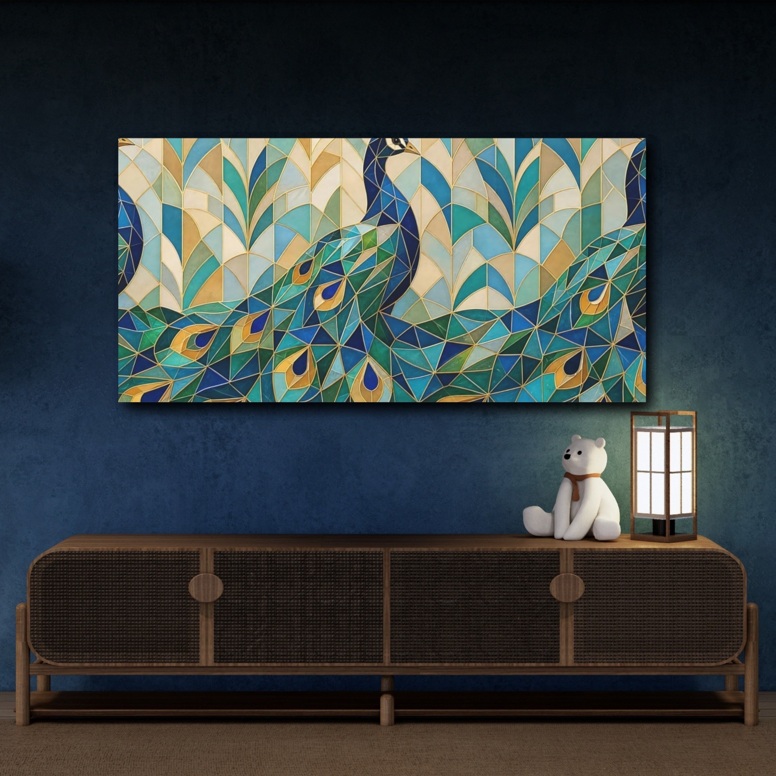 Mockup 4. Animals Peacock Blue Green Gold shown as stretched canvas wall art