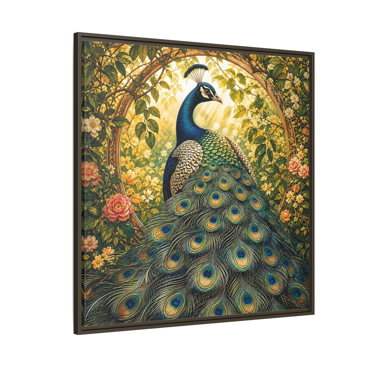 Side Mockup 5. Animals Peacock Peacock Gold shown as stretched canvas wall art