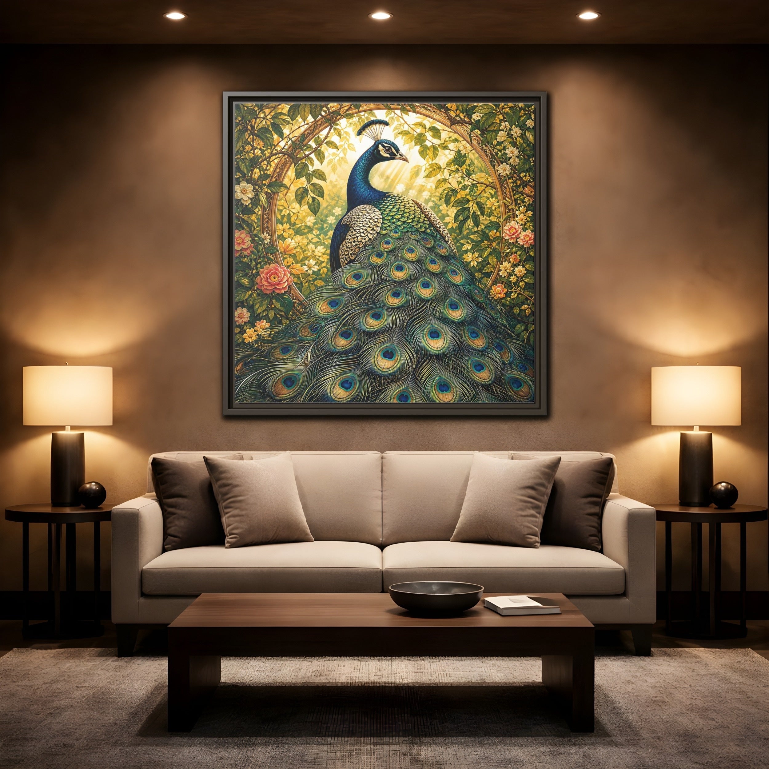 Mockup 2. Animals Peacock Peacock Gold shown as stretched canvas wall art