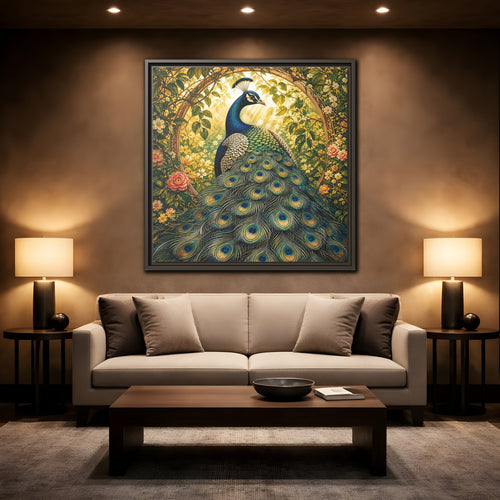 Mockup 2. Animals Peacock Peacock Gold shown as stretched canvas wall art
