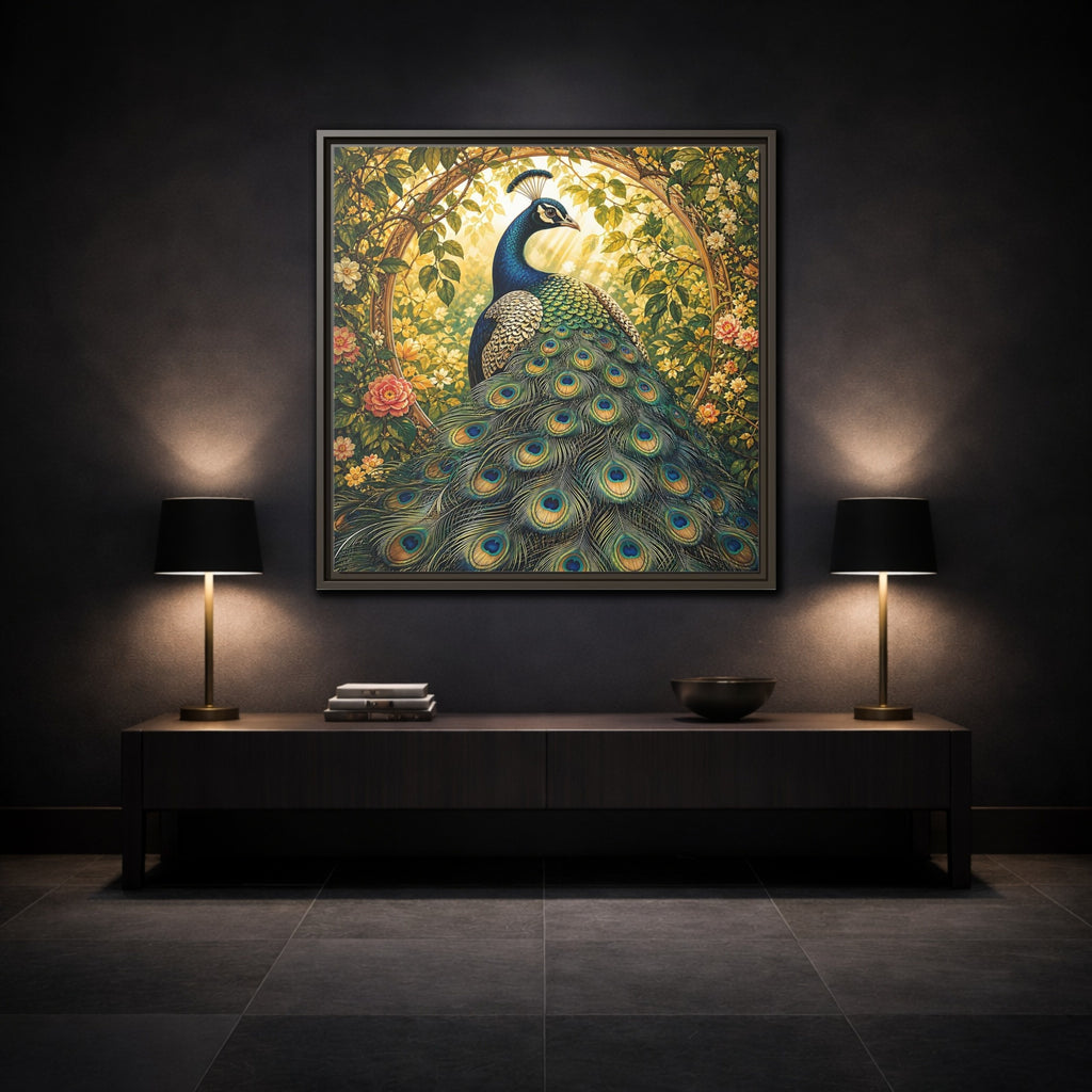 Mockup 3. Animals Peacock Peacock Gold shown as stretched canvas wall art
