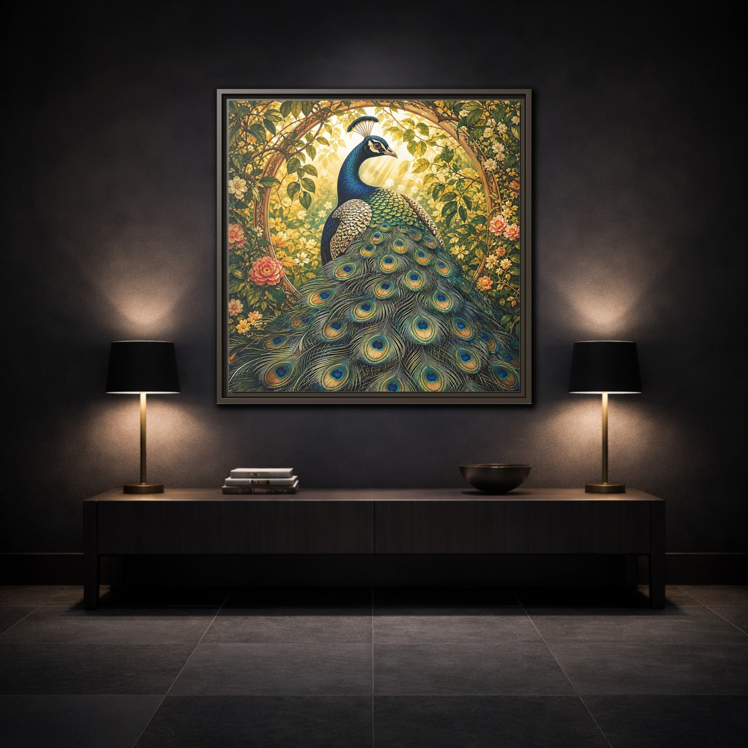 Mockup 3. Animals Peacock Peacock Gold shown as stretched canvas wall art