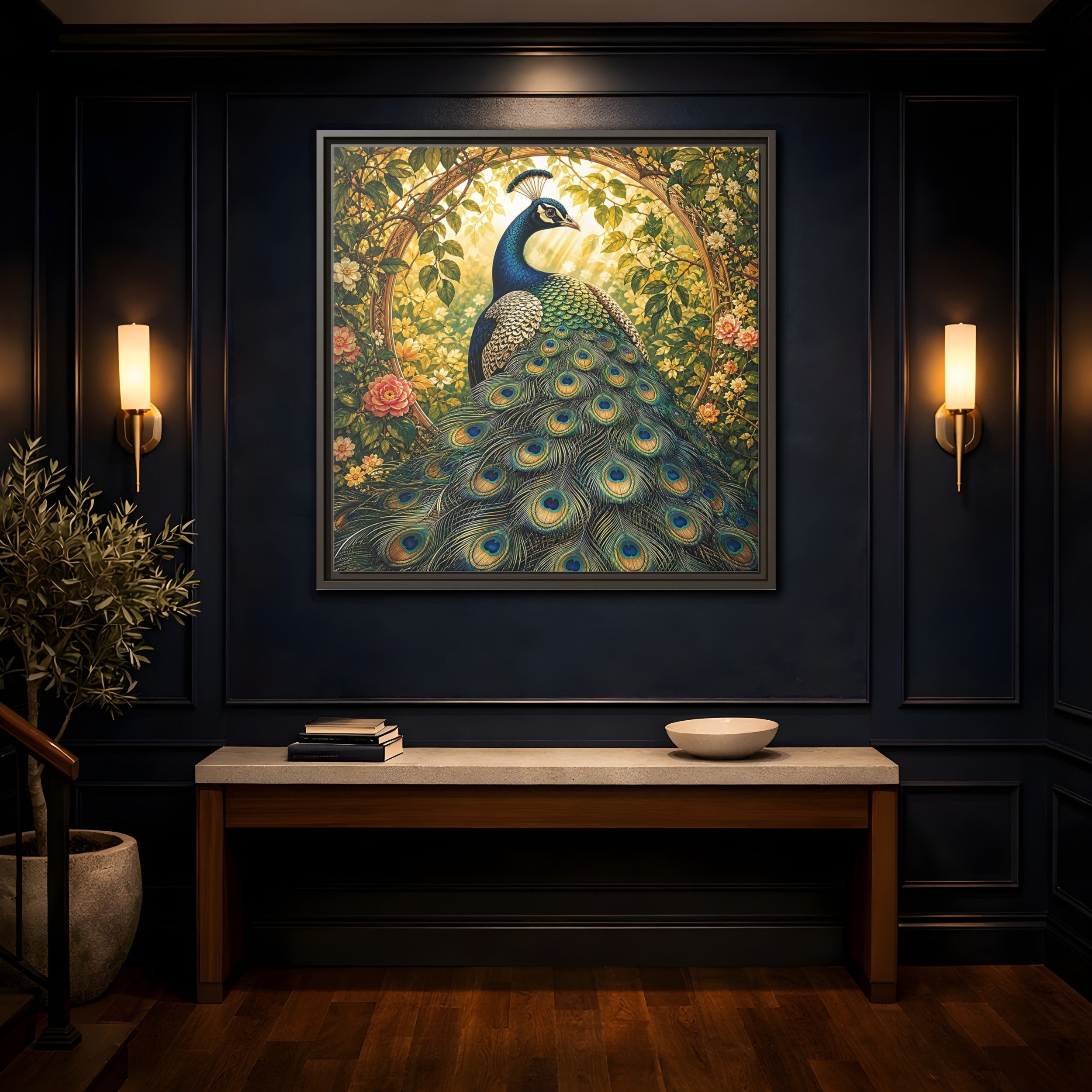 Mockup 4. Animals Peacock Peacock Gold shown as stretched canvas wall art