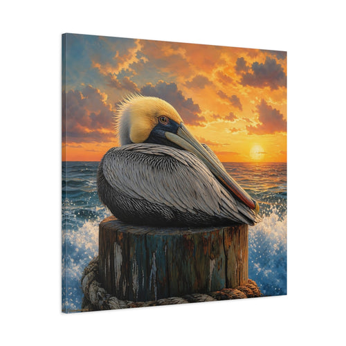Main Mockup. Animals Pelican Pelican Sunset shown as stretched canvas wall art
