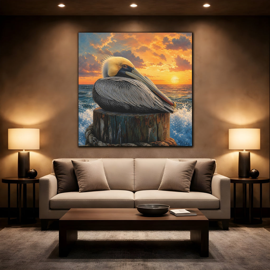 Mockup 2. Animals Pelican Pelican Sunset shown as stretched canvas wall art