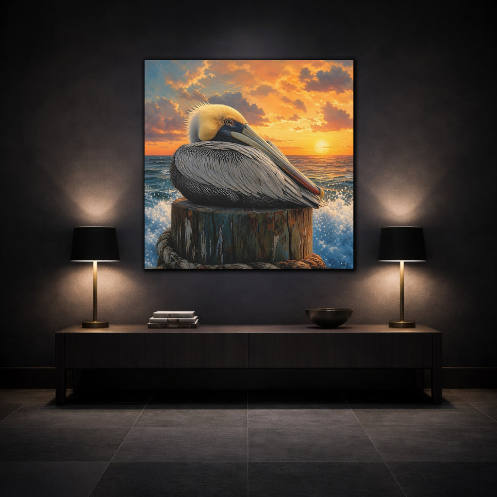 Mockup 3. Animals Pelican Pelican Sunset shown as stretched canvas wall art