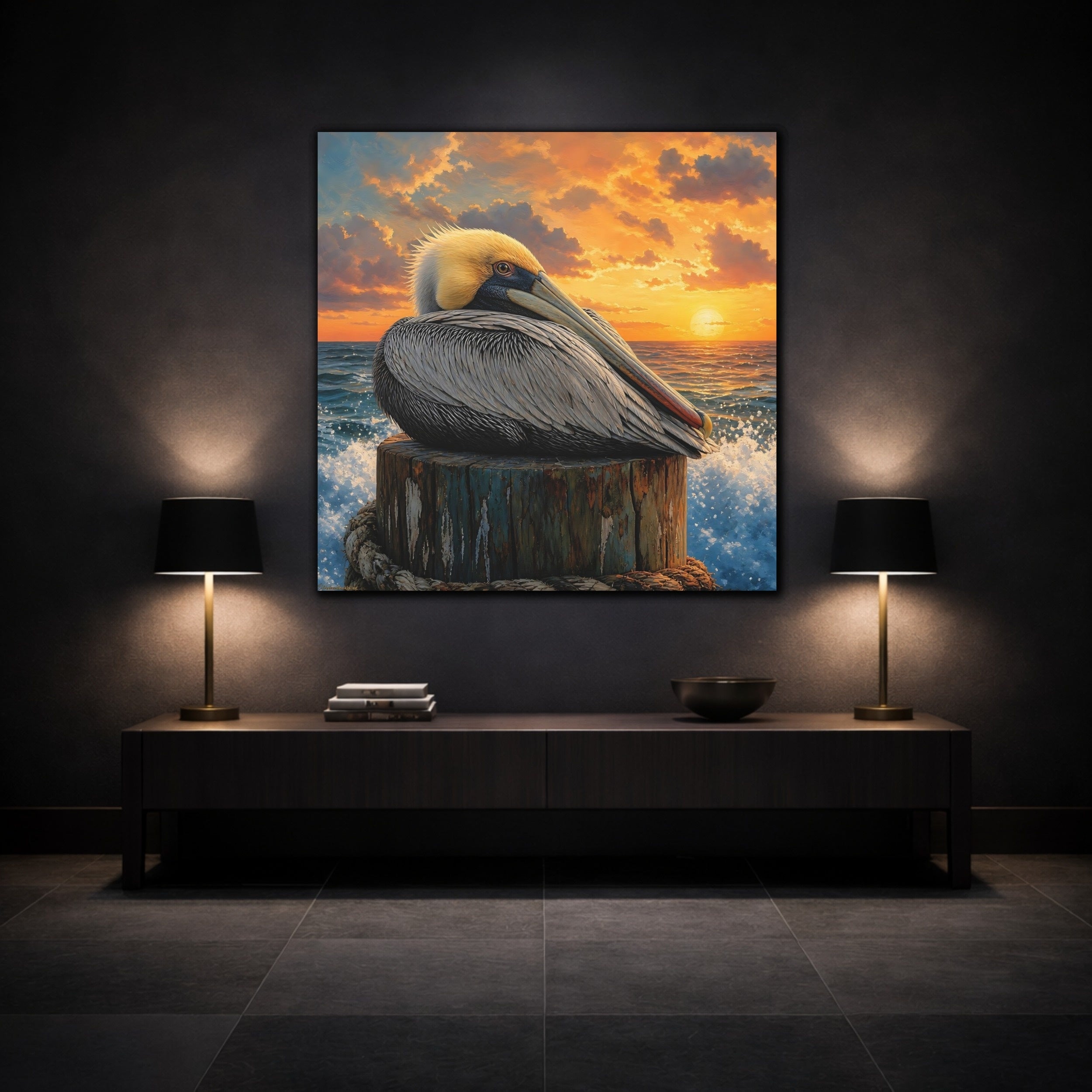 Mockup 3. Animals Pelican Pelican Sunset shown as stretched canvas wall art