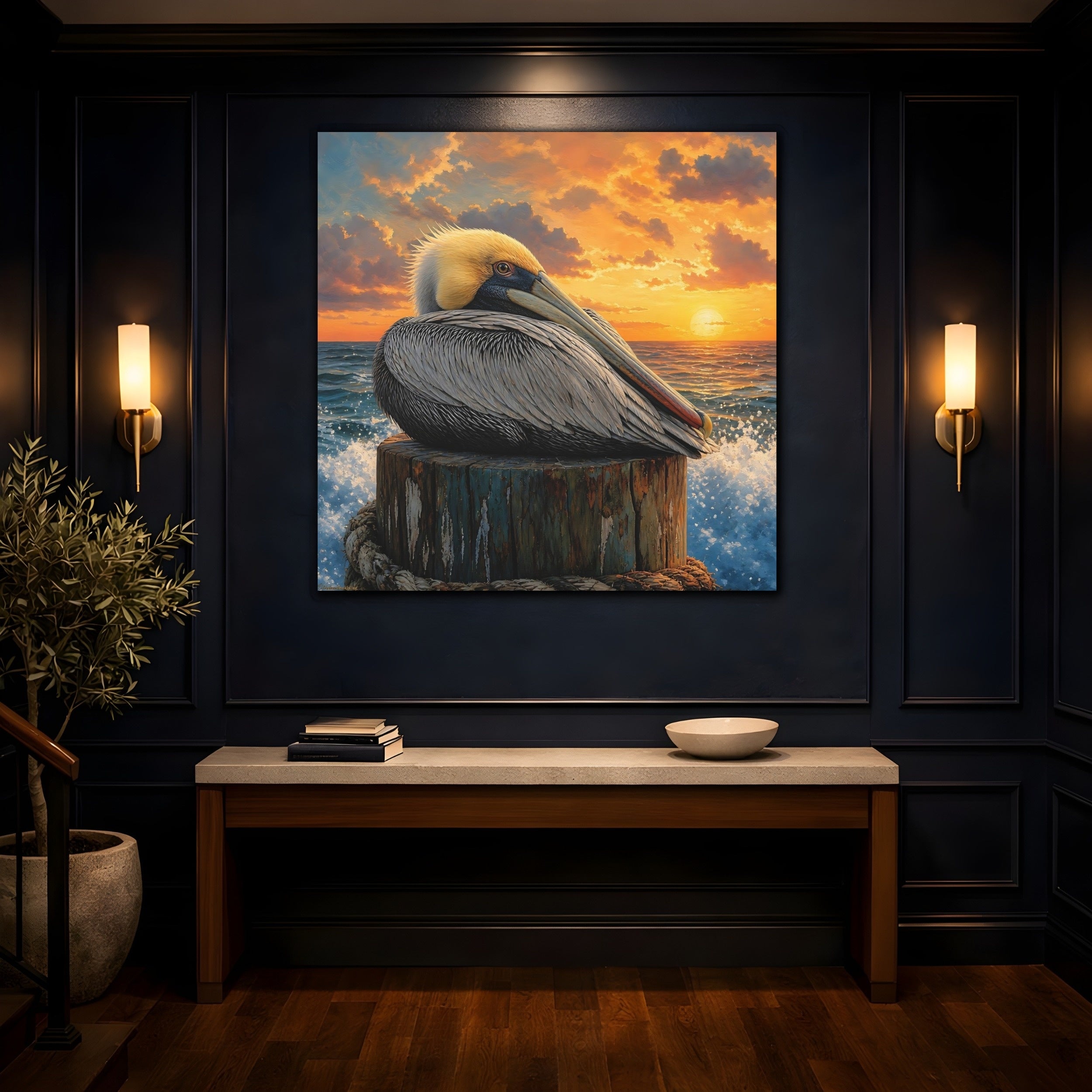 Mockup 4. Animals Pelican Pelican Sunset shown as stretched canvas wall art