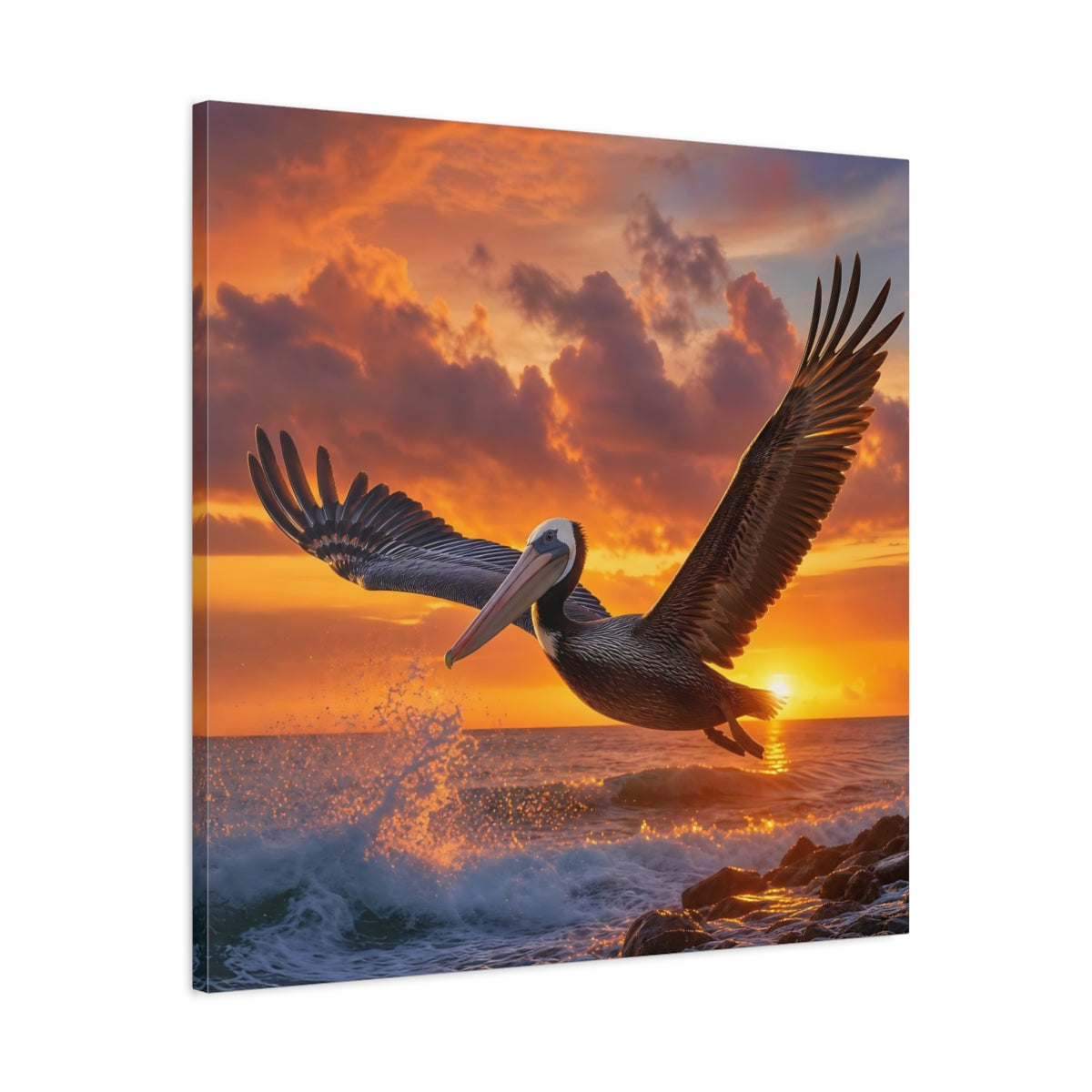 Side Mockup 3. Animals Pelican Sunset Pelican shown as stretched canvas wall art