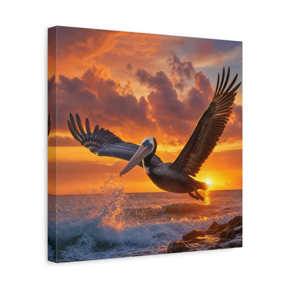 Side Mockup 7. Animals Pelican Sunset Pelican shown as stretched canvas wall art