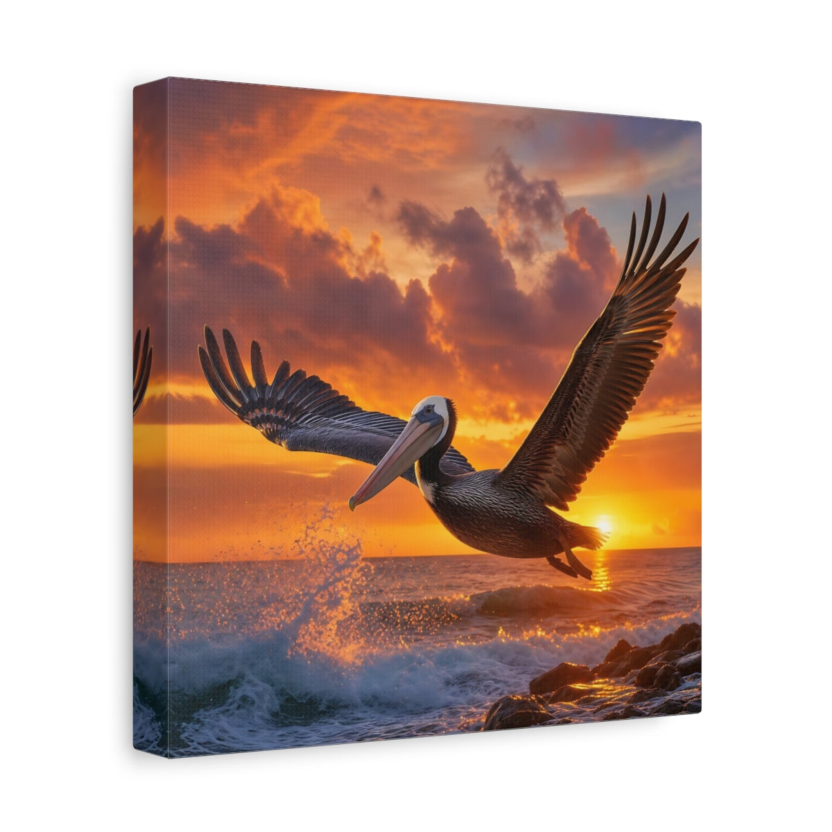 Side Mockup 9. Animals Pelican Sunset Pelican shown as stretched canvas wall art