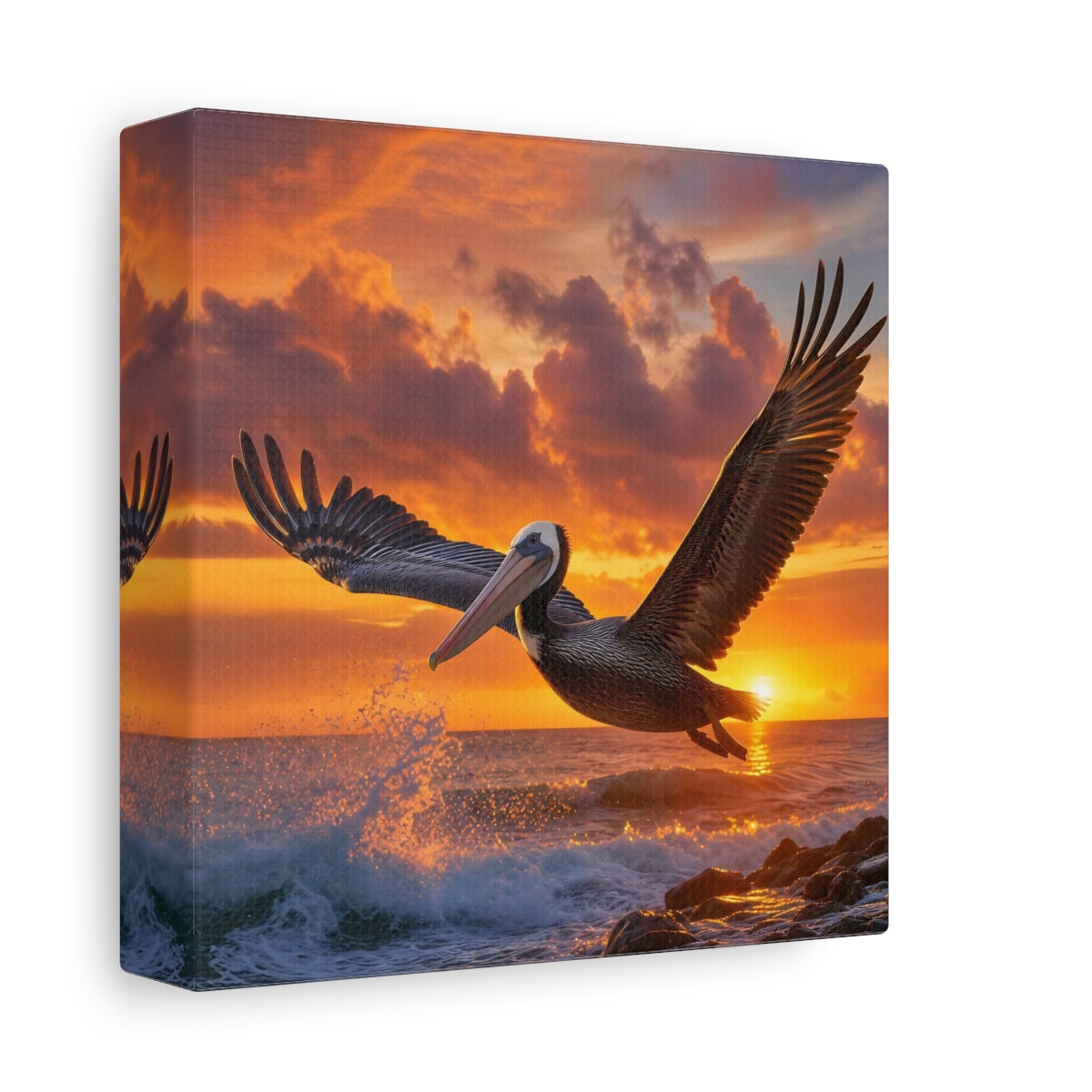 Side Mockup 2. Animals Pelican Sunset Pelican shown as stretched canvas wall art