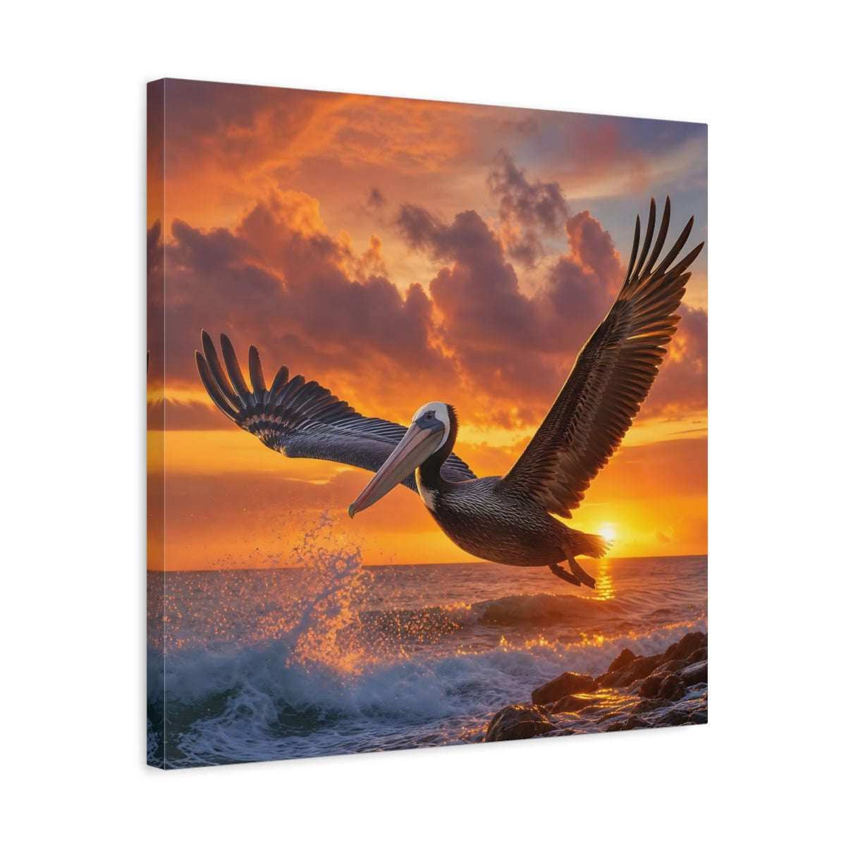 Side Mockup 5. Animals Pelican Sunset Pelican shown as stretched canvas wall art