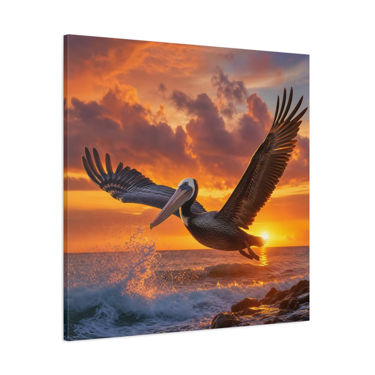 Side Mockup 1. Animals Pelican Sunset Pelican shown as stretched canvas wall art