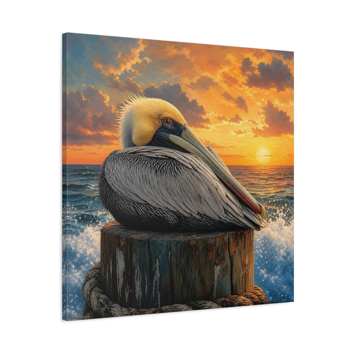 Side Mockup 3. Animals Pelican Pelican Sunset shown as stretched canvas wall art