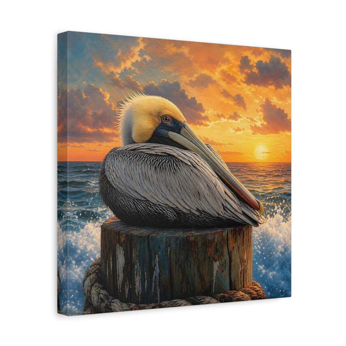 Side Mockup 7. Animals Pelican Pelican Sunset shown as stretched canvas wall art