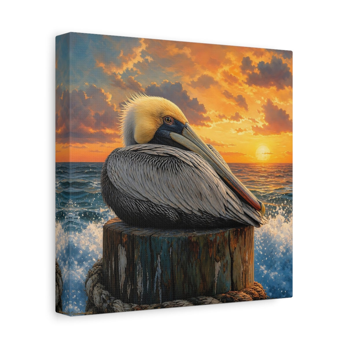 Side Mockup 9. Animals Pelican Pelican Sunset shown as stretched canvas wall art