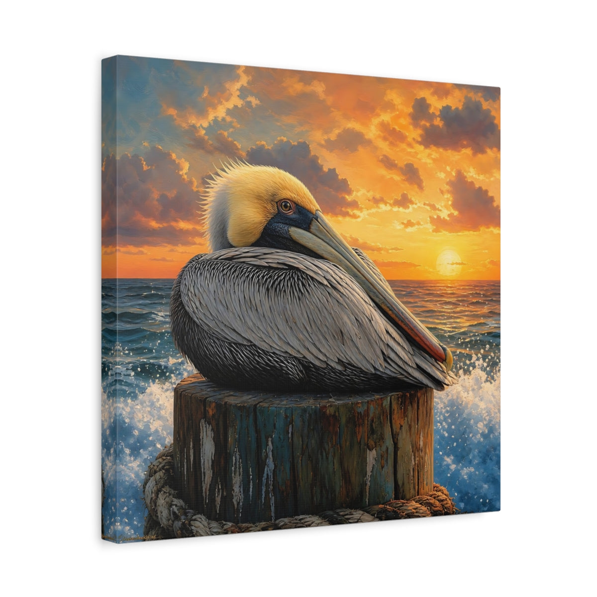 Side Mockup 6. Animals Pelican Pelican Sunset shown as stretched canvas wall art
