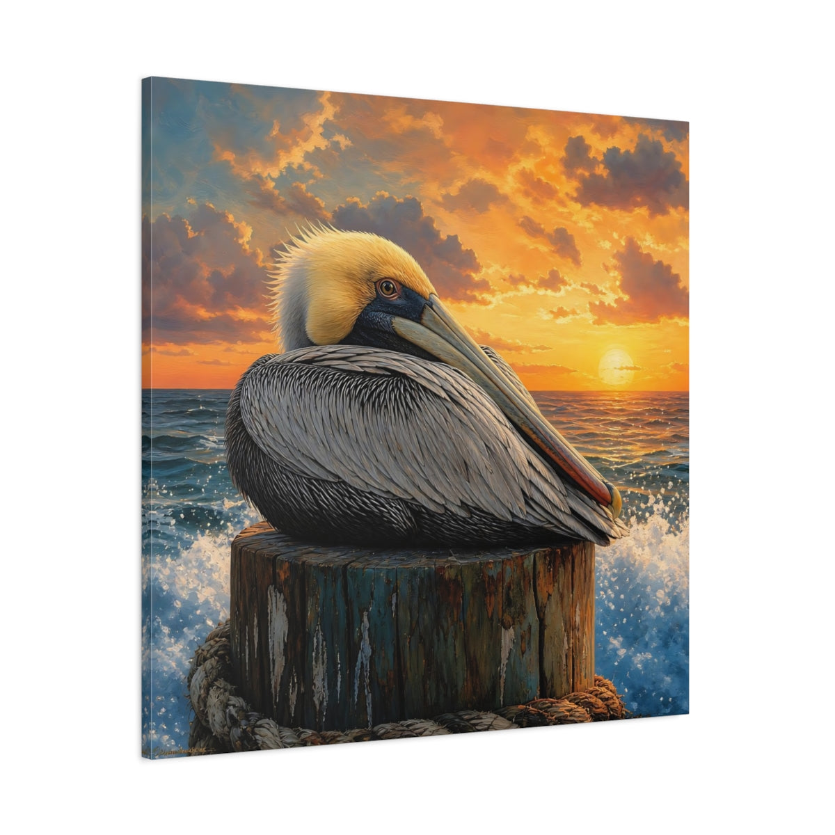 Side Mockup 1. Animals Pelican Pelican Sunset shown as stretched canvas wall art
