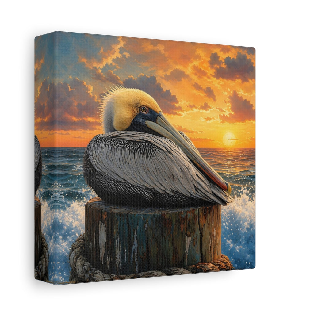 Side Mockup 2. Animals Pelican Pelican Sunset shown as stretched canvas wall art