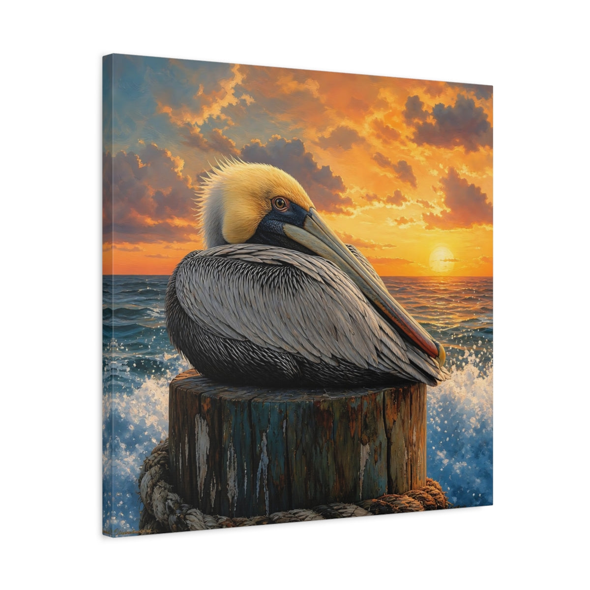 Side Mockup 4. Animals Pelican Pelican Sunset shown as stretched canvas wall art