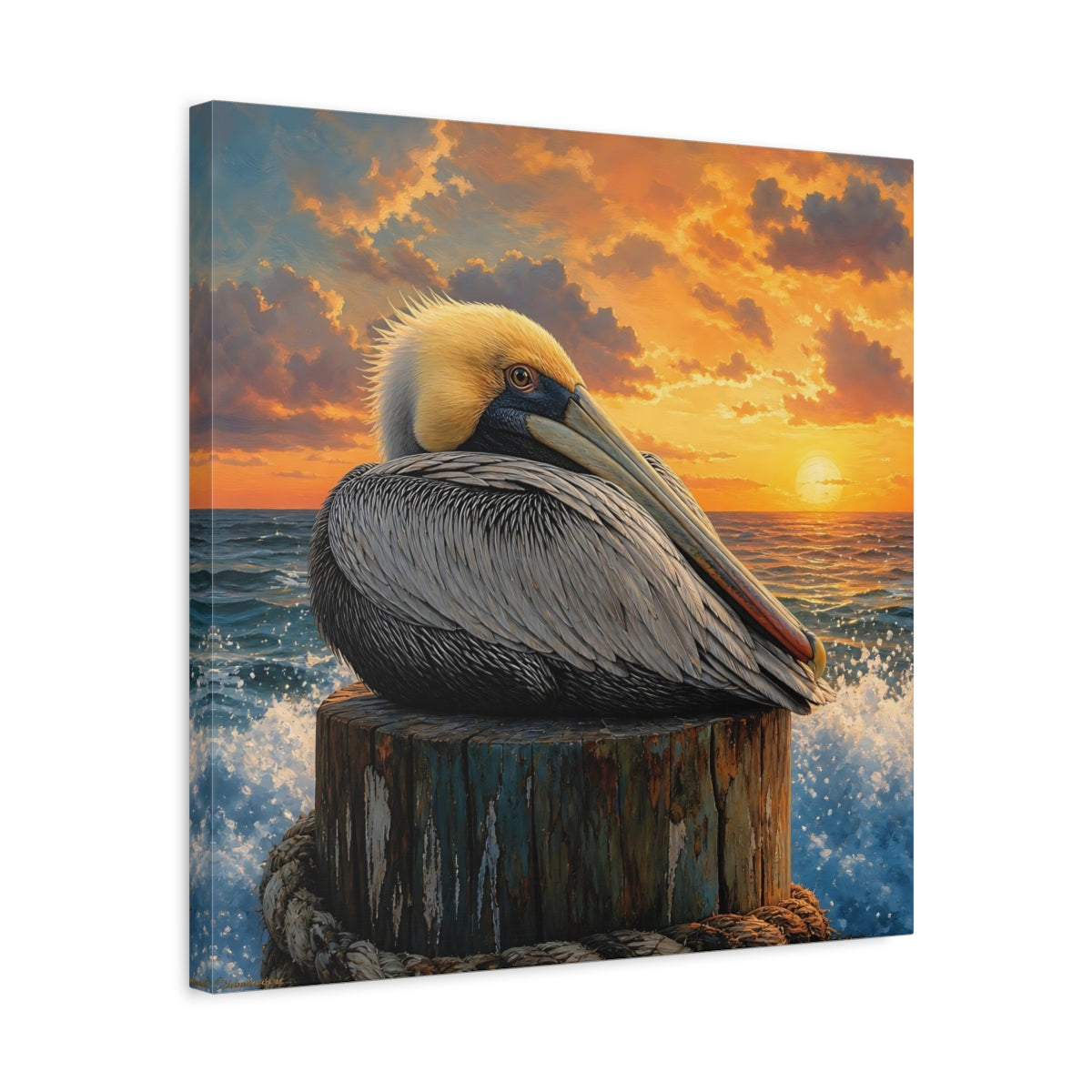 Side Mockup 5. Animals Pelican Pelican Sunset shown as stretched canvas wall art