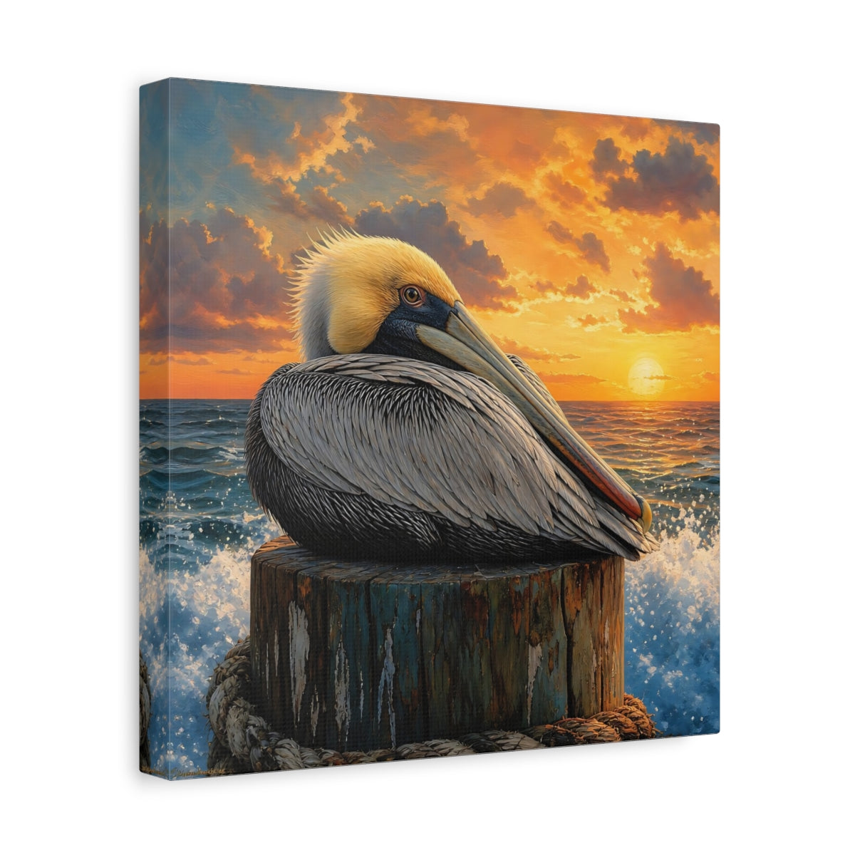 Side Mockup 8. Animals Pelican Pelican Sunset shown as stretched canvas wall art