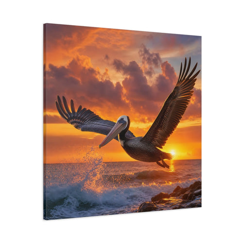 Main Mockup. Animals Pelican Sunset Pelican shown as stretched canvas wall art