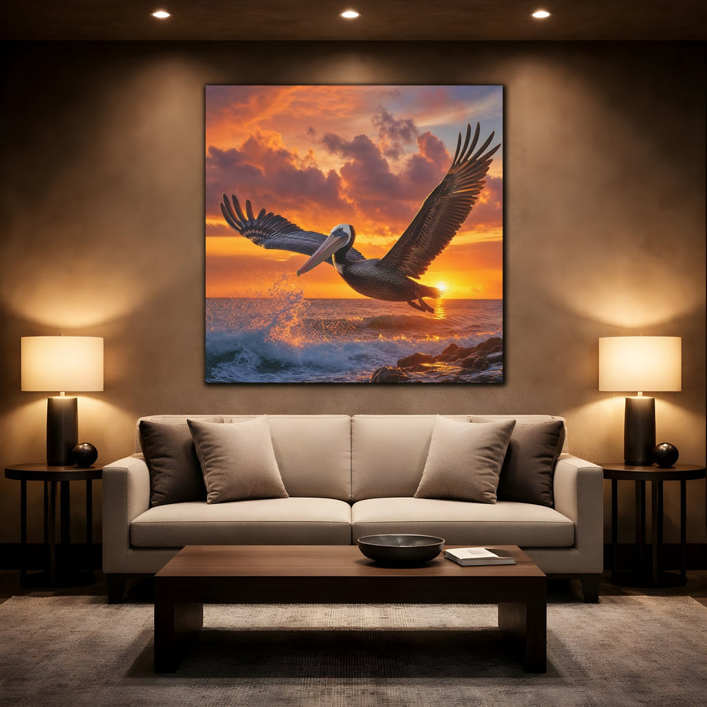 Mockup 2. Animals Pelican Sunset Pelican shown as stretched canvas wall art