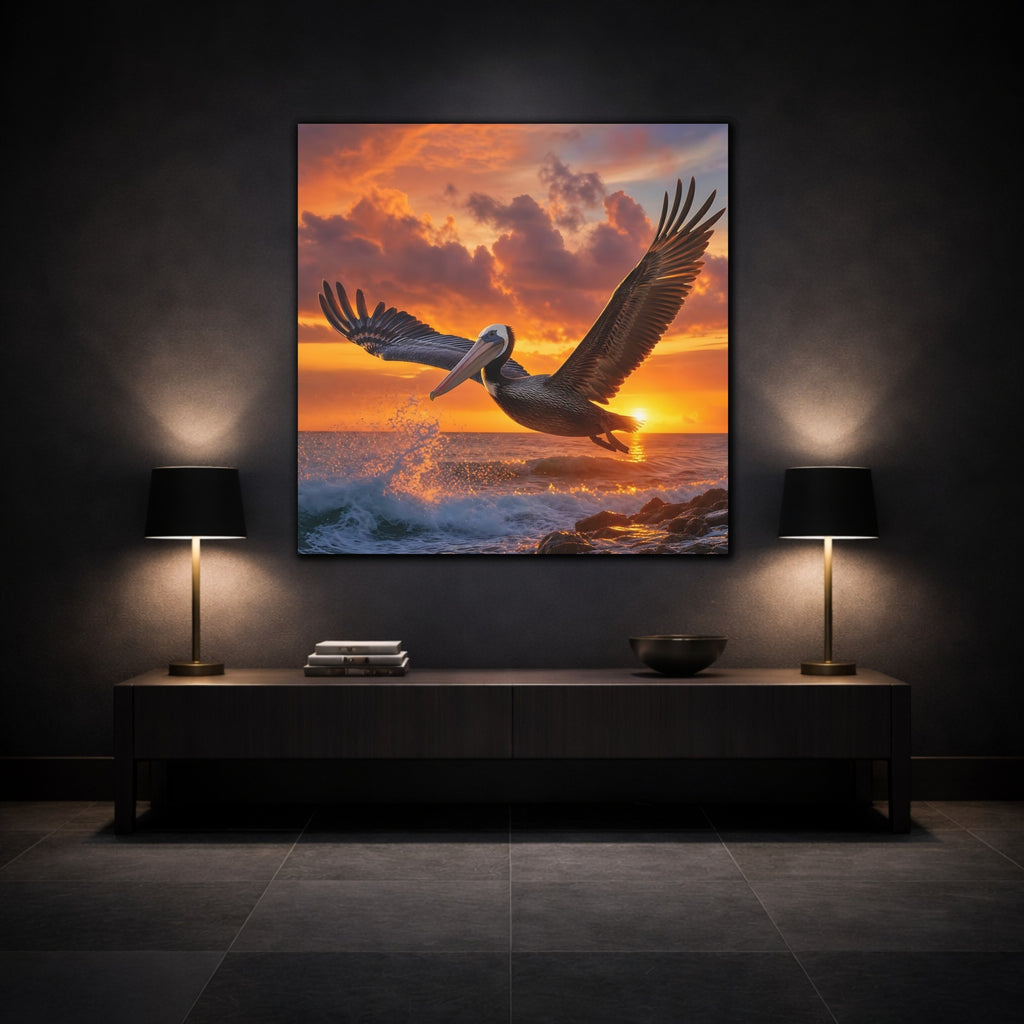 Mockup 3. Animals Pelican Sunset Pelican shown as stretched canvas wall art