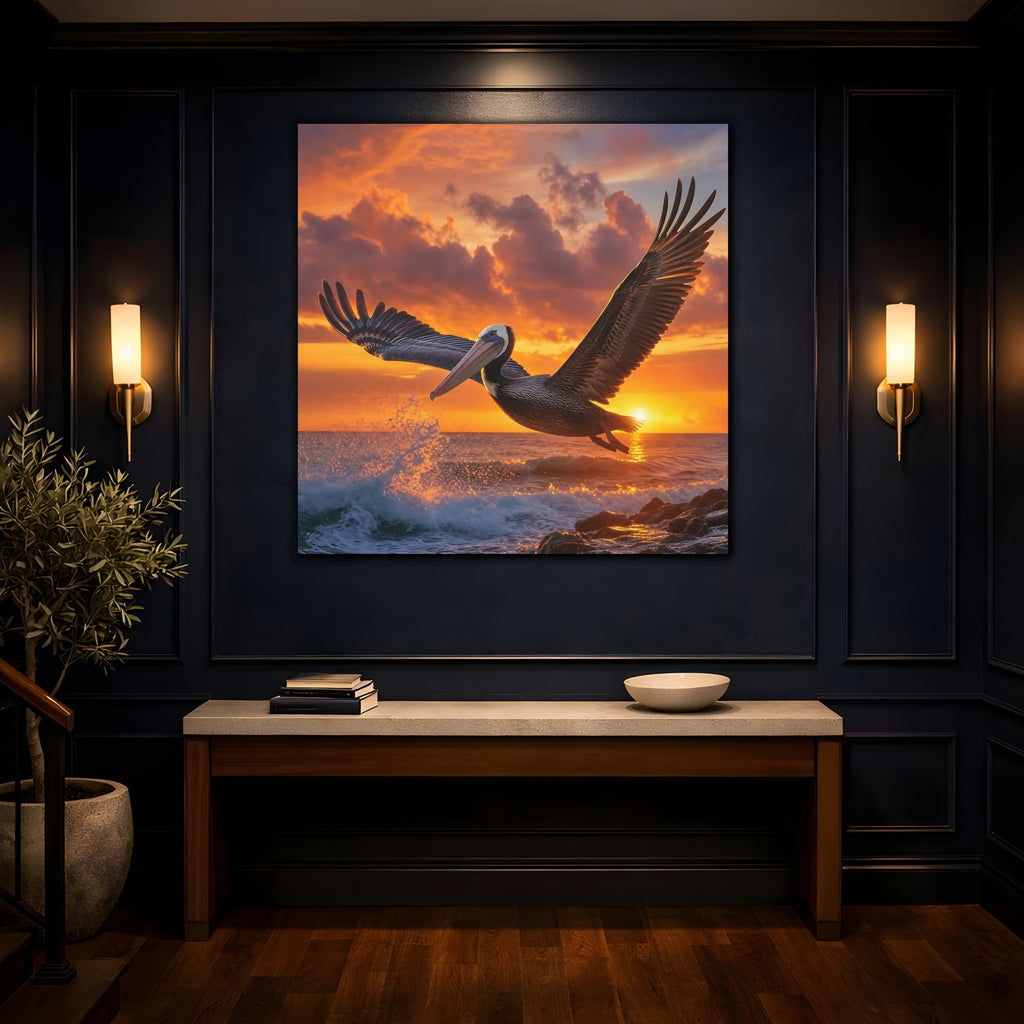 Mockup 4. Animals Pelican Sunset Pelican shown as stretched canvas wall art