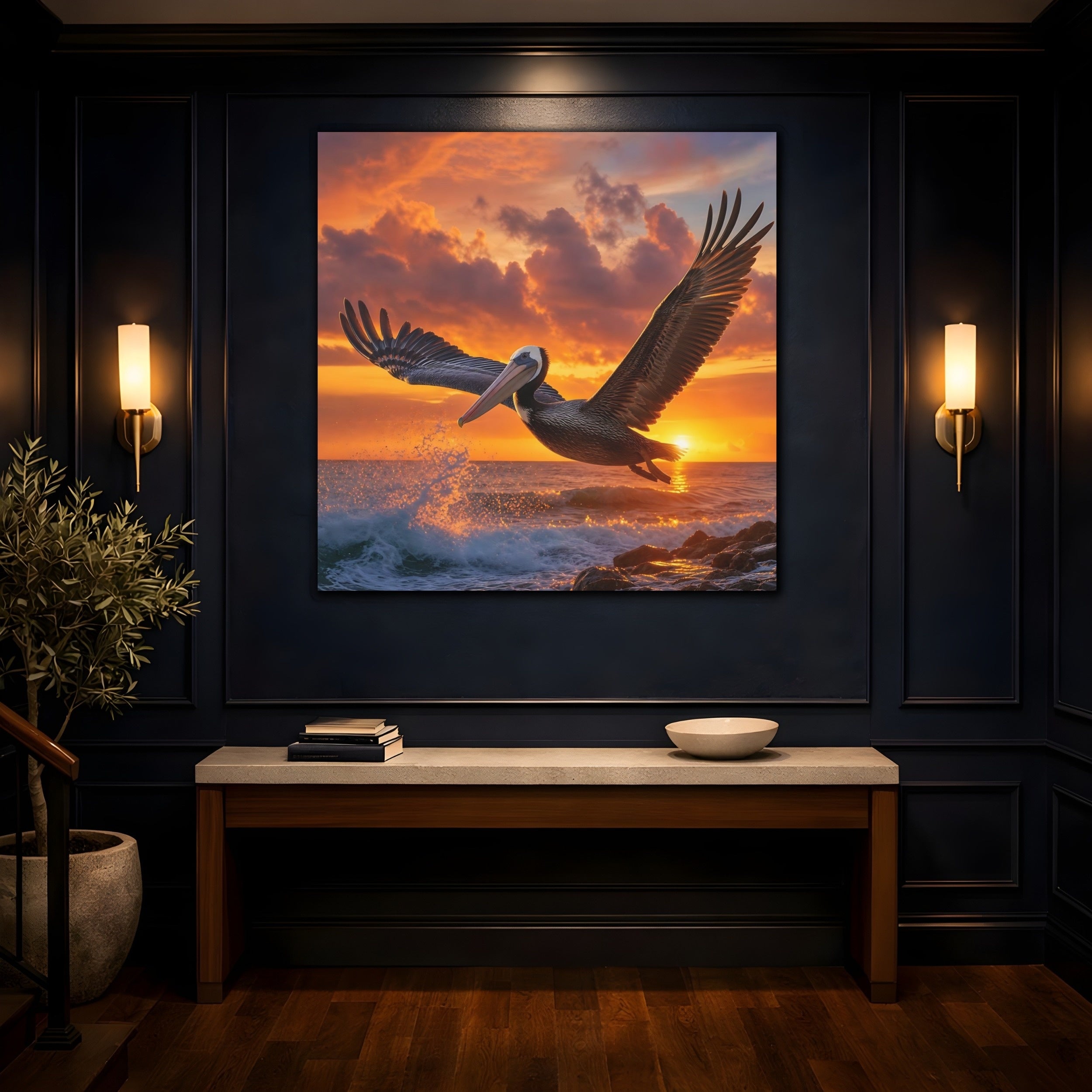 Mockup 4. Animals Pelican Sunset Pelican shown as stretched canvas wall art