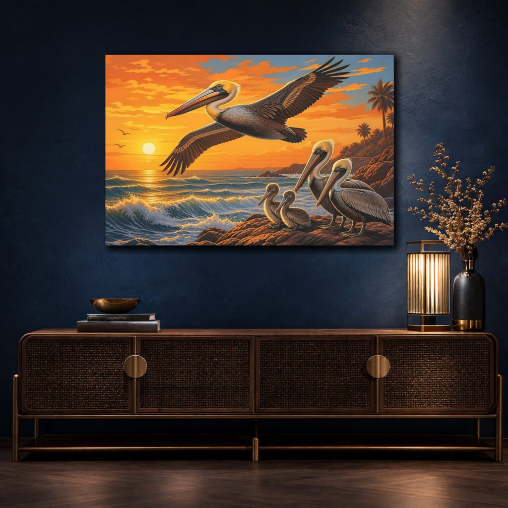 Mockup 4. Animals Pelicans Pelican Sunset shown as canvas print