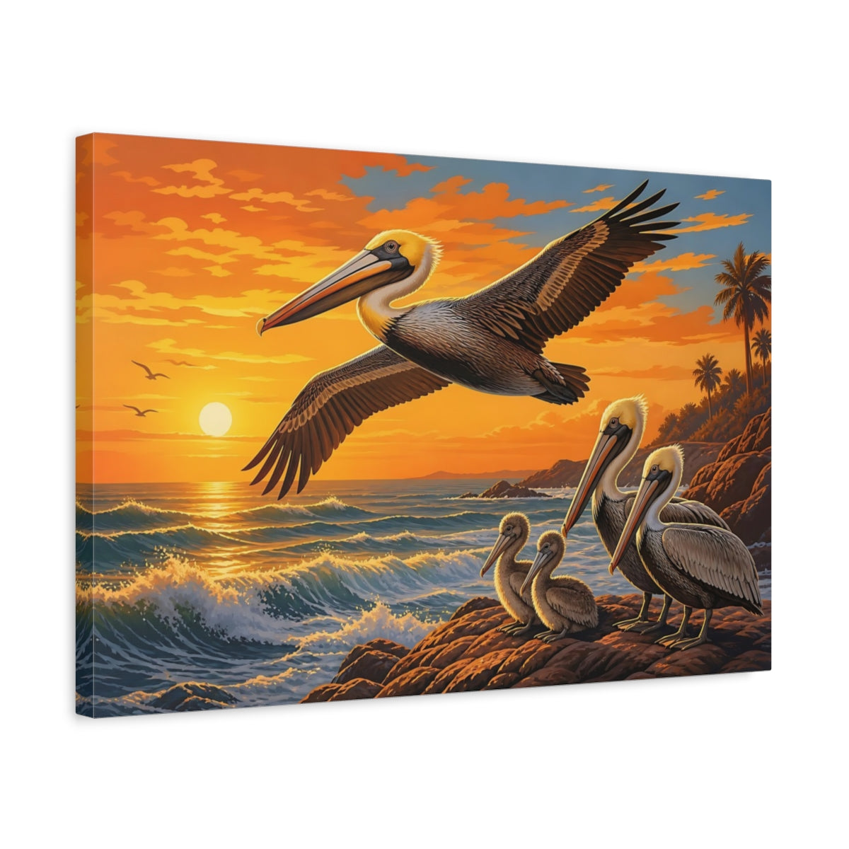 Side Mockup 3. Animals Pelicans Pelican Sunset shown as canvas print