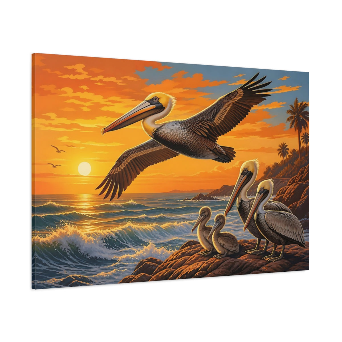 Side Mockup 1. Animals Pelicans Pelican Sunset shown as canvas print