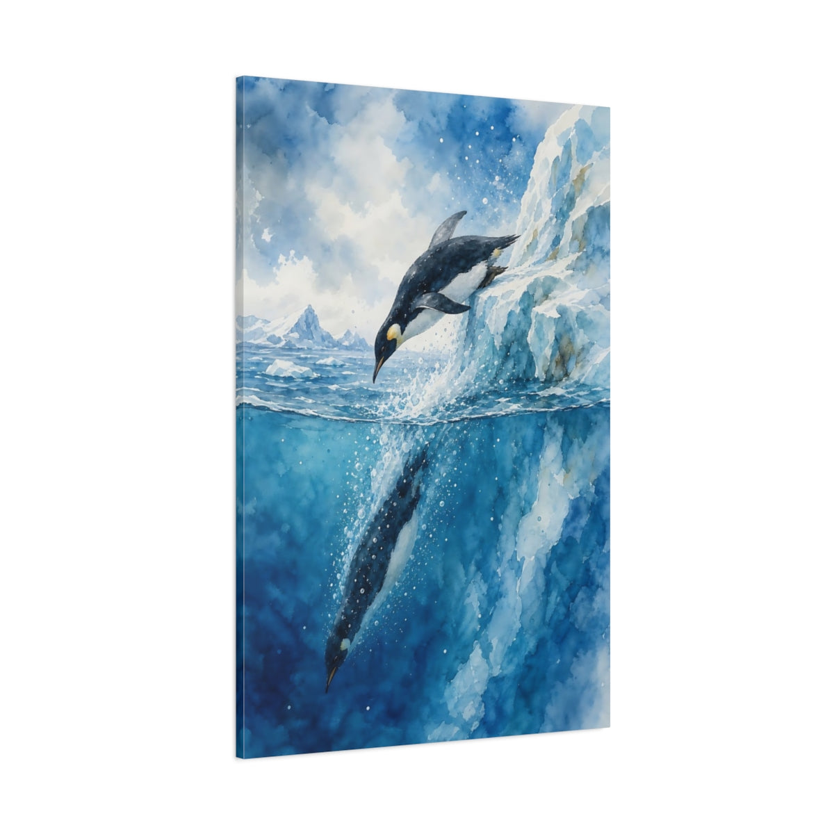 Side Mockup 1. Animals Penguin Diving Blue Penguin Art shown as stretched canvas wall art