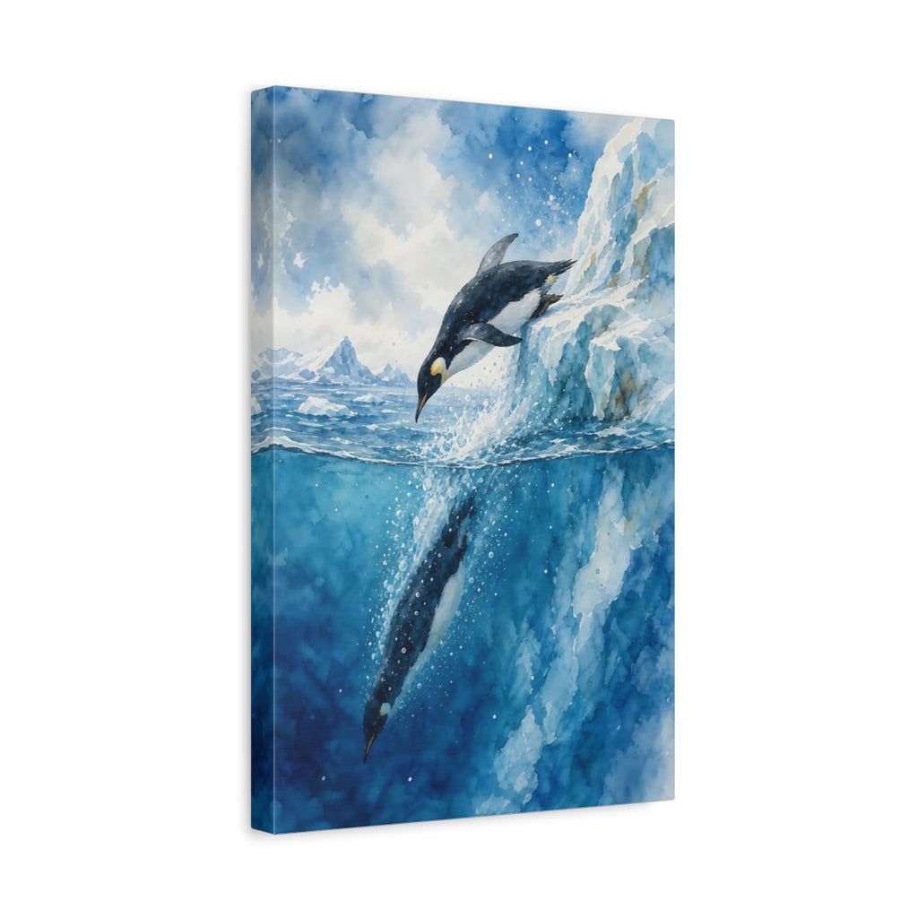 Side Mockup 4. Animals Penguin Diving Blue Penguin Art shown as stretched canvas wall art