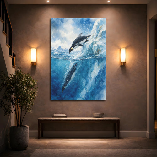 Mockup 2. Animals Penguin Diving Blue Penguin Art shown as stretched canvas wall art
