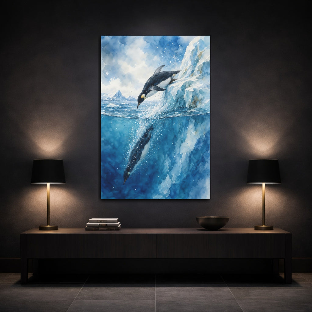 Mockup 3. Animals Penguin Diving Blue Penguin Art shown as stretched canvas wall art