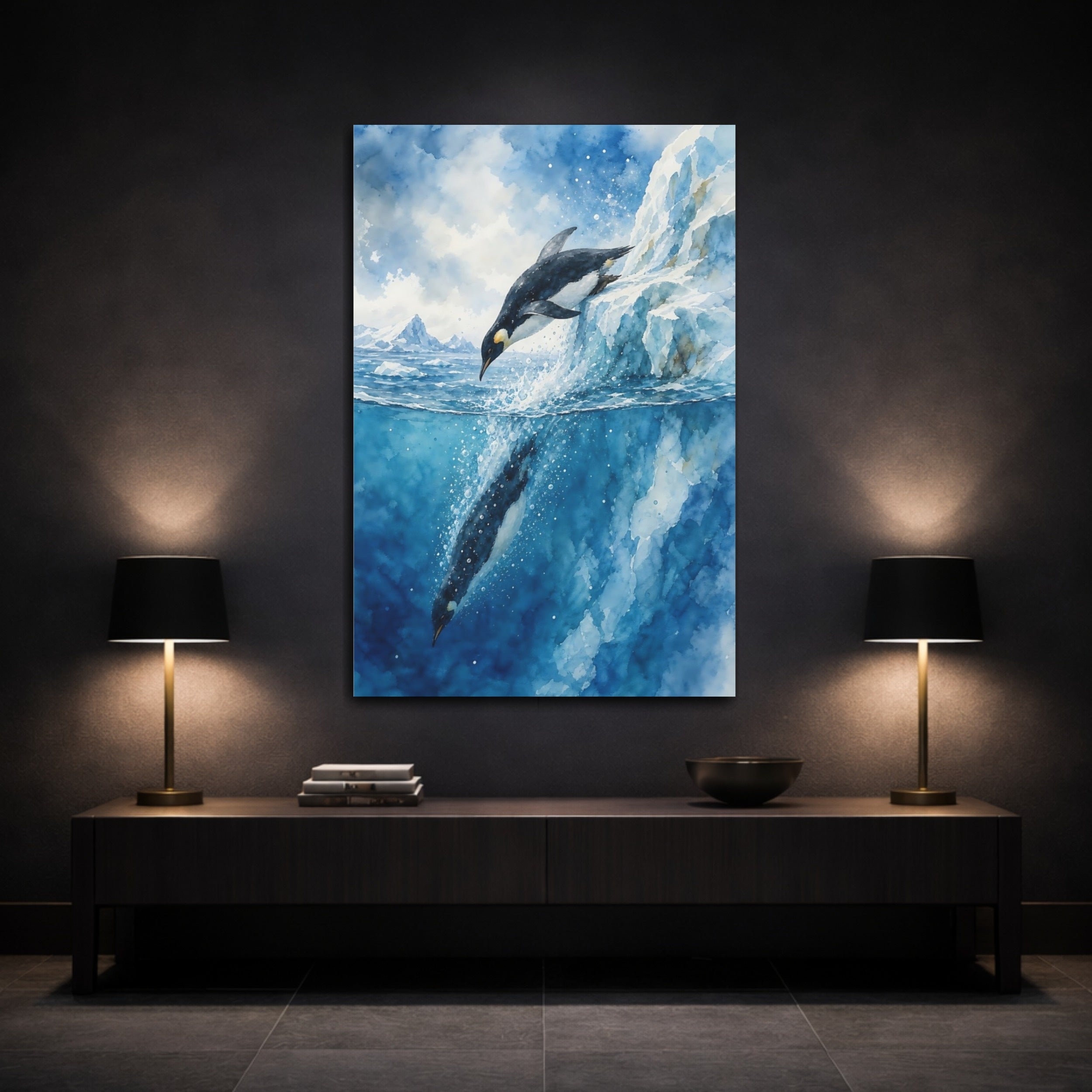 Mockup 3. Animals Penguin Diving Blue Penguin Art shown as stretched canvas wall art