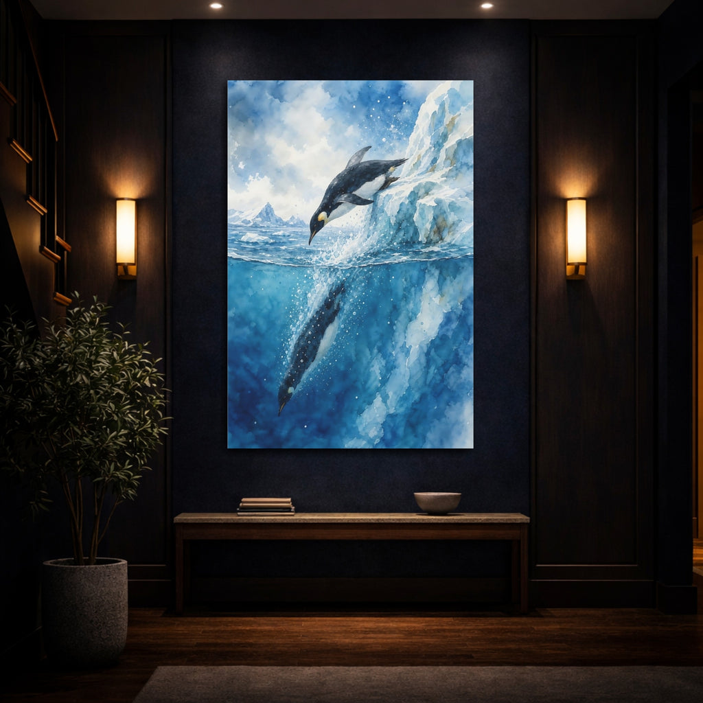 Mockup 4. Animals Penguin Diving Blue Penguin Art shown as stretched canvas wall art