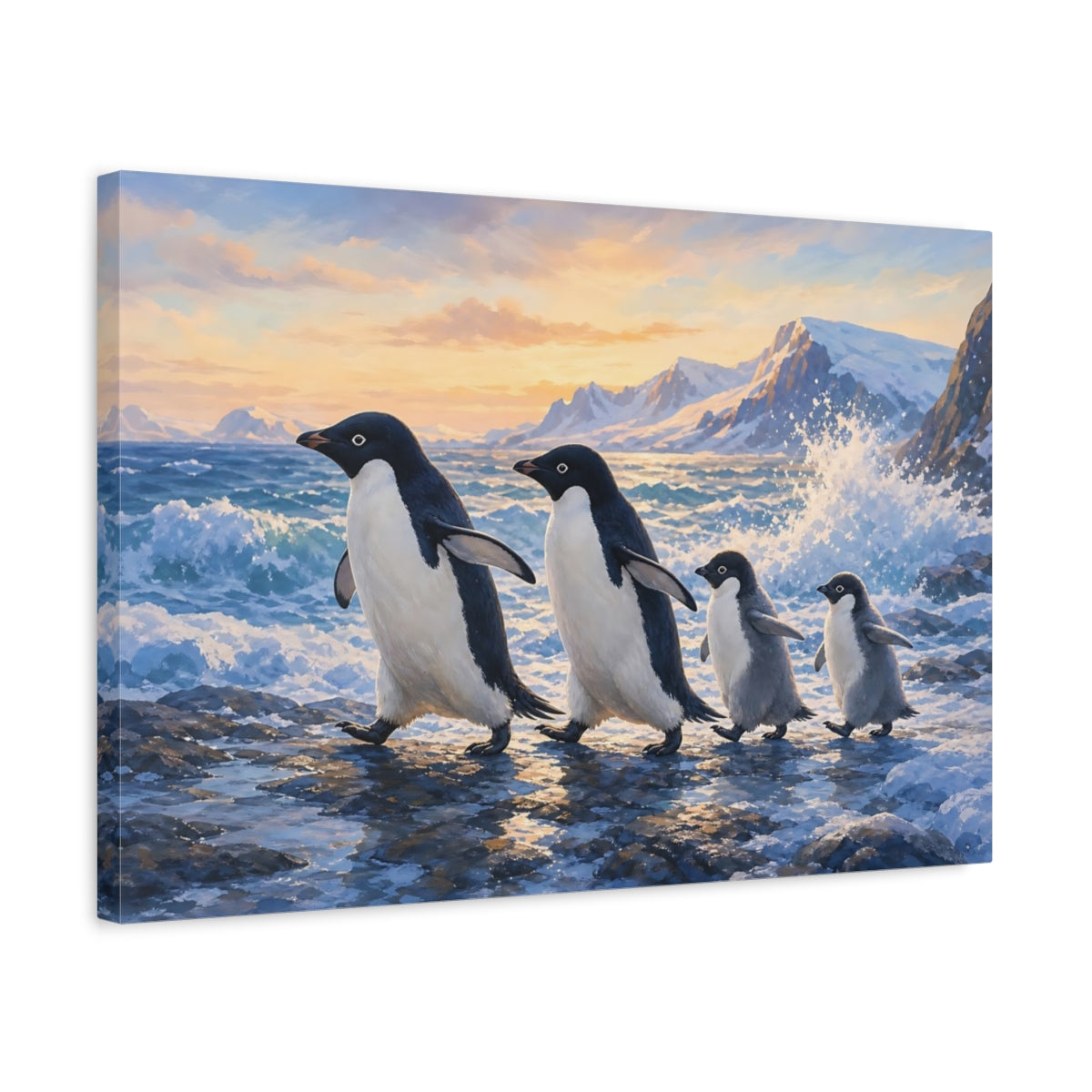Side Mockup 3. Animals Penguin Family Penguins Arctic Sunset shown as canvas print